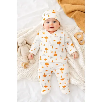 Set nou nascut 3 piese bumbac bluza pantaloni cu botosei si caciula trpb0144