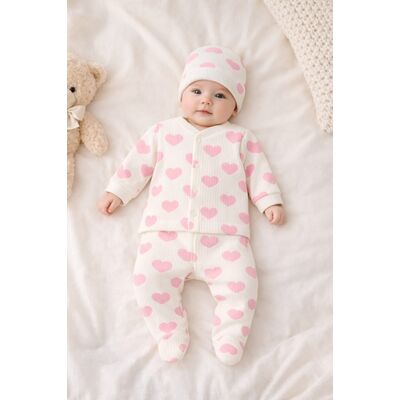 Set nou nascut 3 piese inimioare roz bumbac bluza pantaloni cu botosei caciula trpb0142