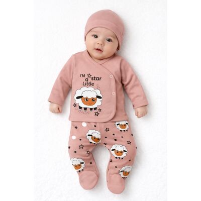 Set nou nascut 3 piese roz prafuit bumbac oita bluza pantaloni cu botosei caciula trpb0148
