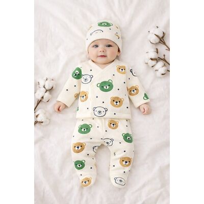 Set nou nascut 3 piese ursuleti bumbac bluza pantaloni cu botosei caciula trpb0146