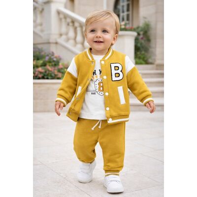 Trening baieti 3 piese galben jacheta bluza pantaloni bumbac casual sport trpb0177