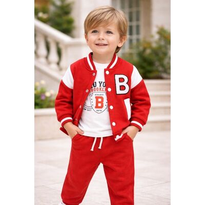 Trening baieti 3 piese rosu hanorac bluza pantaloni bumbac casual sport trpb0176