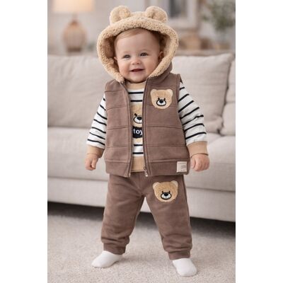 Trening bebe 3 piese ursulet maro vesta bluza pantaloni bumbac trpb0178
