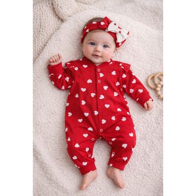 Salopeta bebe fetita rosie cu inimioare bumbac maneca lunga cu bentita inclusa trpb0182