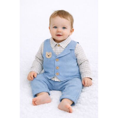 Set hainute moeboon baieti 2 piese camasa in carouri, vesta aplicata si pantaloni verzi moeboon1