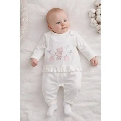 Salopeta bebe alba bumbac bluza cu maneca lunga broderie delicata si sosete trpb0185