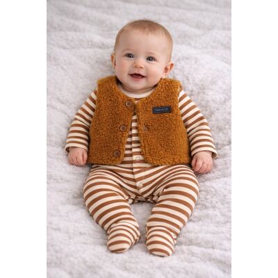 Salopeta bebe cu dungi maro si vesta pufoasa bymurat, costum calduros si confortabil pentru sezon rece bt10125-1-29