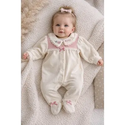 Salopeta bebe fetita crem catifea cu guler brodat maneca lunga inchidere capse trpb0187