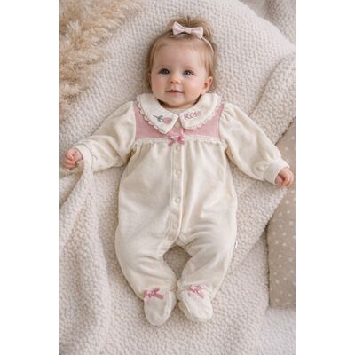 Salopeta bebe fetita crem catifea cu guler brodat maneca lunga inchidere capse trpb0187