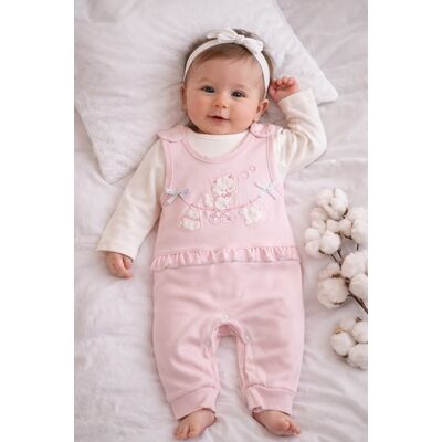 Salopeta bebe fetita roz bumbac cu bluza integrata broderie delicata inchidere capse trpb0186