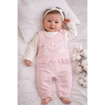 Salopeta bebe fetita roz bumbac cu bluza integrata broderie delicata inchidere capse trpb0186