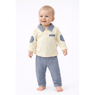 Set bebe baiat 2 piese crem cu guler tip camasa bluza maneca lunga pantaloni bumbac trpb0190