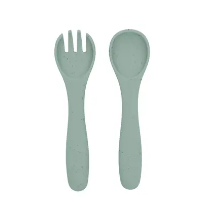 Set din silicon pentru primele mese: lingurita si furculita, Platinum Sage Green