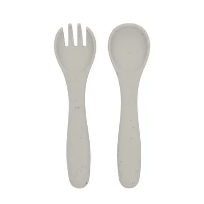 Set din silicon pentru primele mese: lingurita si furculita, Platinum Sand