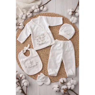 Set nou nascut 5 piese alb bumbac cu fluture bluza pantaloni caciulita bavetica trpb0194