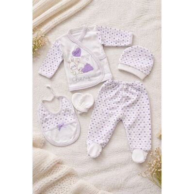 Set nou nascut fetita 5 piese lila bumbac cu iepurasi bluza pantaloni caciulita trpb0197