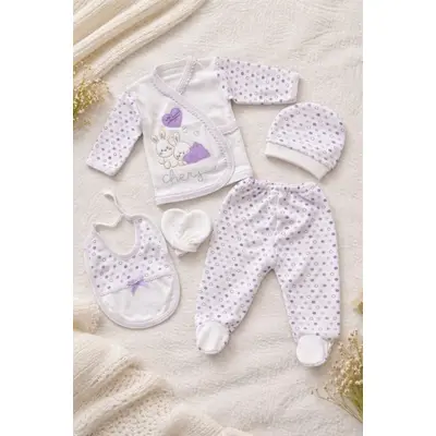 Set nou nascut fetita 5 piese lila bumbac cu iepurasi bluza pantaloni caciulita trpb0197