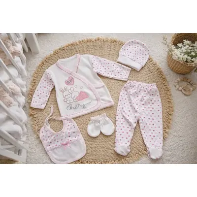 Set nou nascut fetita 5 piese roz bumbac cu iepurasi bluza pantaloni caciulita trpb0198