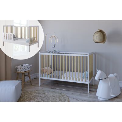 Patut 2 In 1 Lumi Alb-natur 120x60 Cm Din Lemn, 3 Niveluri Somiera, Trepte Detasabile + Bariera Transformare Pjblumibw-n