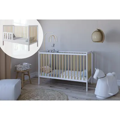 Patut 2 In 1 Lumi Alb-natur 120x60 Cm Din Lemn, 3 Niveluri Somiera, Trepte Detasabile + Bariera Transformare Pjblumibw-n