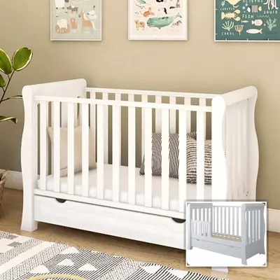 Patut 2 In 1 Megan Alb 120x60 Cm Din Lemn, 3 Niveluri Somiera, Trepte Detasabile + Bariera Transformare + Sertar Integrat Pjbmeganfull