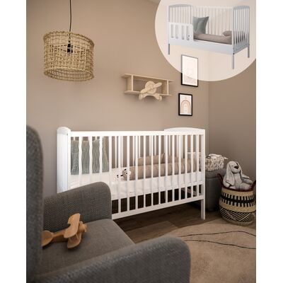 Patut 2 In 1 Pure Alb 120x60 Cm Din Lemn, 3 Niveluri Somiera, Trepte Detasabile + Bariera Transformare Pjbgrzesbw