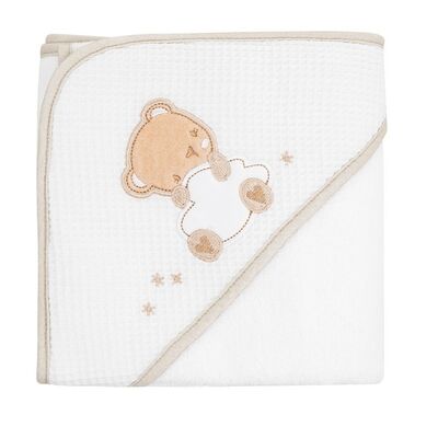 Prosop cu gluga pentru bebelusi, 100% bumbac, 90x90 cm, Alb-Beige