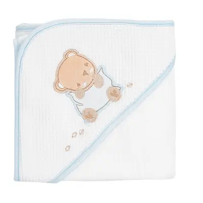 Prosop cu gluga pentru bebelusi, 100% bumbac, 90x90 cm, Alb-Blue