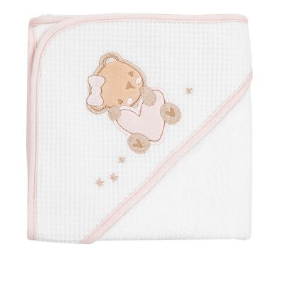 Prosop cu gluga pentru bebelusi, 100% bumbac, 90x90 cm, Alb-Roz