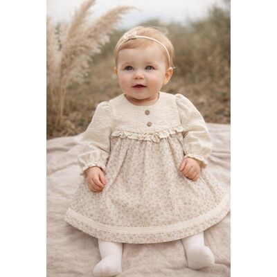 Rochita bebe fetita eleganta crem cu imprimeu floral dantela si design vintage premium trpb0215