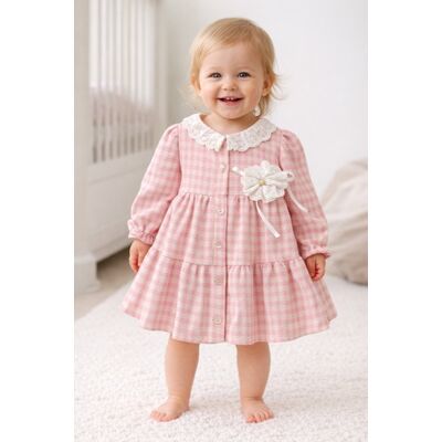 Rochita bebe fetita roz eleganta cu guler dantela si floare decorativa trpb0210