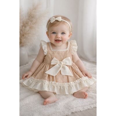 Rochita fetita bej crem eleganta cu fundita broderie premium bebelusi copii trpb0221