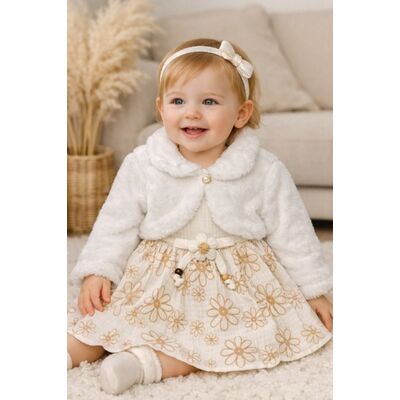Rochita fetita eleganta cu bolero alb blanita model floral bumbac ocazie trpb0209
