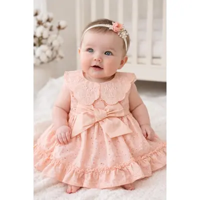 Rochita fetita roz broderie eleganta cu fundita design premium bebelusi copii trpb0220