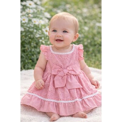 Rochita fetita roz eleganta cu fundita broderie dantela premium bebelusi copii trpb0223