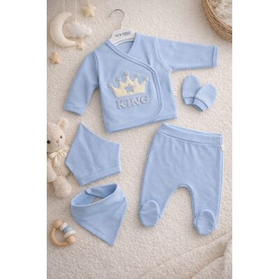 Set nou nascut baiat 5 piese albastru bumbac king bluza pantaloni caciulita trpb0199