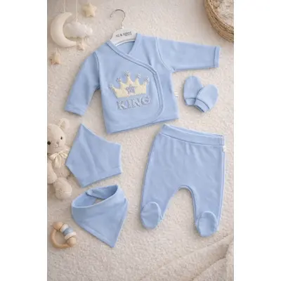 Set nou nascut baiat 5 piese albastru bumbac king bluza pantaloni caciulita trpb0199