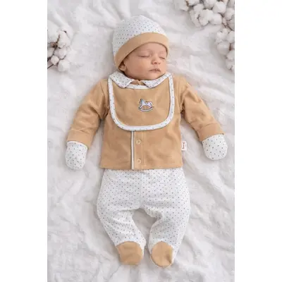 Set nou nascut baiat 5 piese bumbac bej alb elegant bluza pantaloni caciulita baveta trpb0204