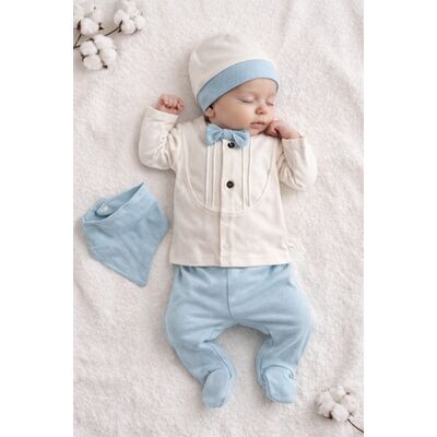 Set nou nascut baiat 5 piese elegant bumbac camasa pantaloni caciulita baveta trpb0202