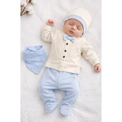 Set nou nascut baiat 5 piese elegant bumbac ivory bleu bluza papion pantaloni caciula trpb0203