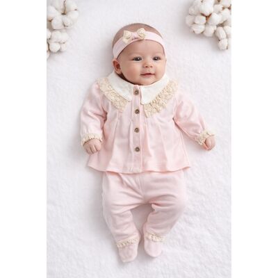 Set nou nascut fetita 3 piese roz bumbac elegant bluza cu dantela pantaloni cu botosei trpb0205