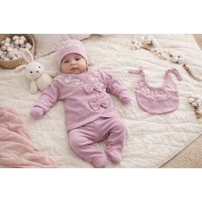 Set nou nascut fetita 5 piese lila bumbac dantela funda bluza pantaloni caciulita trpb0200