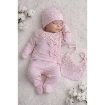 Set nou nascut fetita 5 piese roz bumbac elegant dantela bluza pantaloni caciula baveta trpb0206
