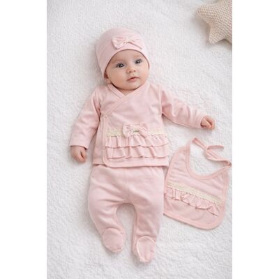 Set nou nascut fetita roz 5 piese bumbac elegant bluza pantaloni caciula baveta trpb0207