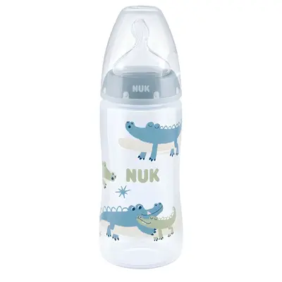Biberon Nuk First Choice PP 300 ml, Control Temperatura, Tetina Silicon 0-6 luni, Albastru Animale