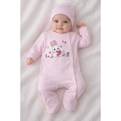 Salopeta bebe fete roz deschis iepuras inimioara bumbac cu caciula tram2202-7