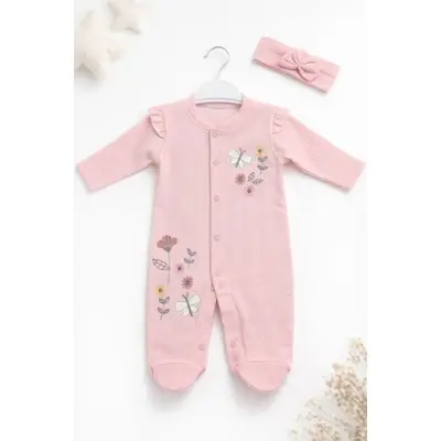 Salopeta bebe fete roz flori brodate fluture bumbac cu bentita tram2202-5