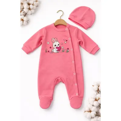 Salopeta bebe fete roz intens iepuras inimioara bumbac cu caciula tram2202-6