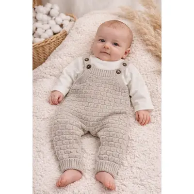 Salopeta tricotata bebe bej cu bluza set elegant premium tram2202-2