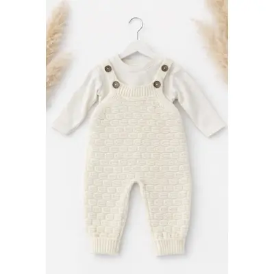 Salopeta tricotata bebe ivoire cu bluza set elegant premium tram2202-1